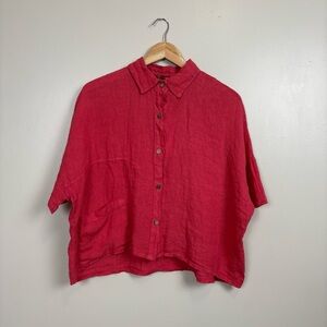 Laura Gotti Top Womens Med Hibiscus 100% Linen Made In Italy‎ Boxy Crop Button